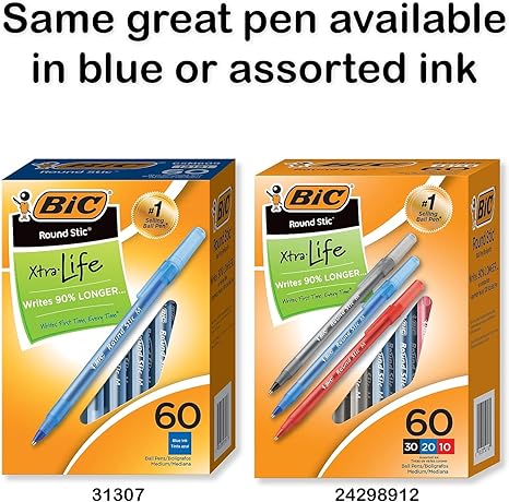 BIC Round Stic Xtra Life Ballpoint Pens, Medium Point (1.0mm), Black, 60-Count Pack, Flexible Round Barrel For Writing Comfort (GSM609-BLK) - Image 2