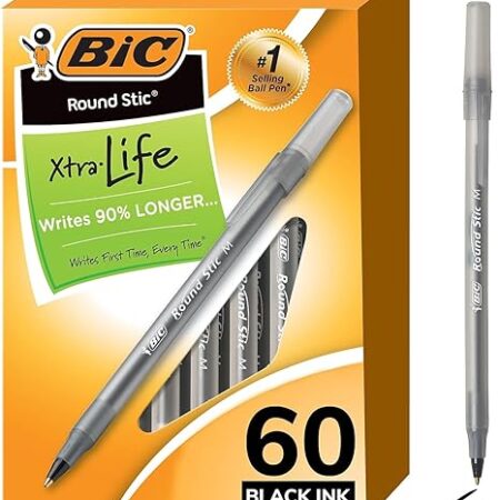 BIC Round Stic Xtra Life Ballpoint Pens, Medium Point (1.0mm), Black, 60-Count Pack, Flexible Round Barrel For Writing Comfort (GSM609-BLK)