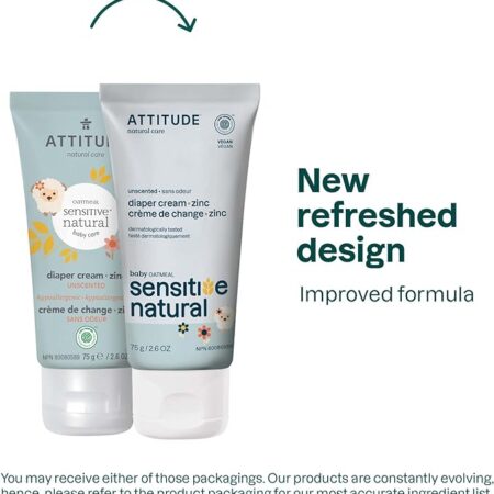 ATTITUDE Diaper Cream with Zinc & Oatmeal for Baby with Sensitive Skin, Unscented, Plant & Mineral-Based, Dermatologically Tested Vegan and Cruelty-Free, 2.6 Oz