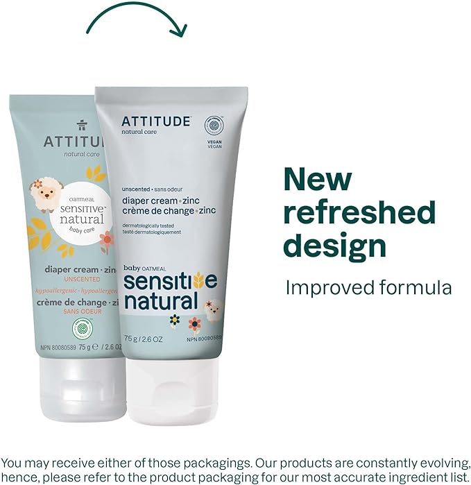 ATTITUDE Diaper Cream with Zinc & Oatmeal for Baby with Sensitive Skin, Unscented, Plant & Mineral-Based, Dermatologically Tested Vegan and Cruelty-Free, 2.6 Oz