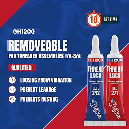 2 Pack Thread Lock. 271 and 242 Medium and Strong Strength Locktight for Nuts, Bolts, Fasteners and Metals. Lock Tight Thread Locker with Stable and Consistent Performance (6gx2) - Image 2