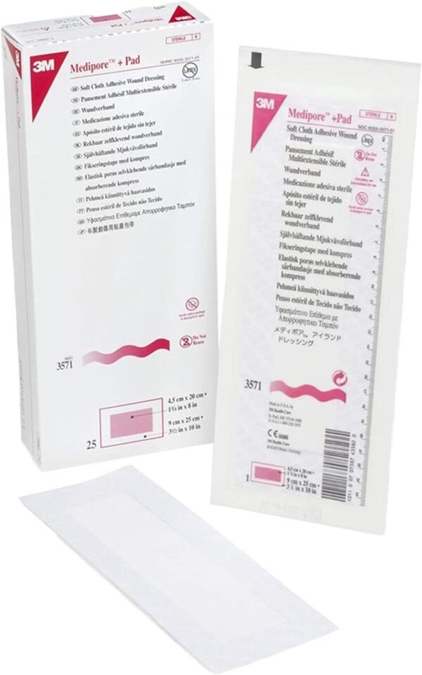 3M Medipore +Pad Soft Cloth Adhesive Wound Dressing, 3 1/2" x 10", 25/Bx, 3M3571