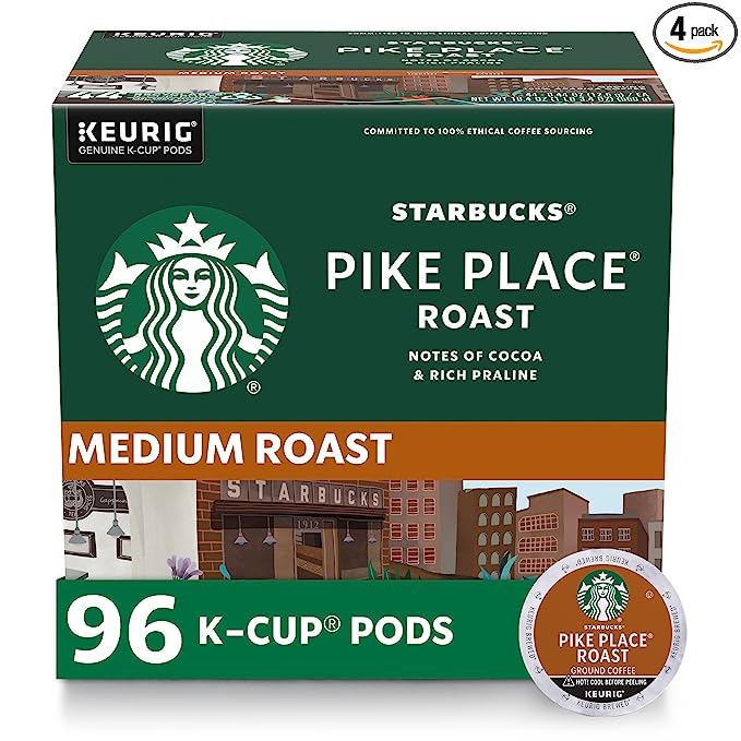 Starbucks K-Cup Coffee Pods—Medium Roast Coffee—Pike Place Roast for Keurig Brewers—100% Arabica—4 boxes (96 pods total) (pack of 24)