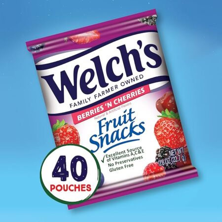 Welch's Fruit Snacks, Berries 'n Cherries, Great Valentines Day Gifts for Kids, Gluten Free, Bulk Pack, Individual Single Serve Bags, 0.8 oz (Pack of 40)