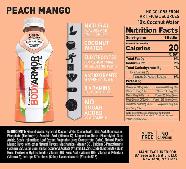 BODYARMOR Lyte Sports Drink Low-Calorie Beverage, Natural Flavors With Vitamins, Potassium-Packed Electrolytes, No Preservatives, Perfect for Athletes, Peach Mango, 16 Fl Oz, Pack of 12 - Image 2